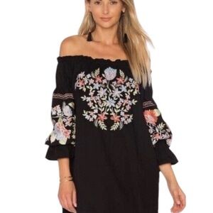 Free People medium Floral Embroidered Off-Shoulder Black Dress